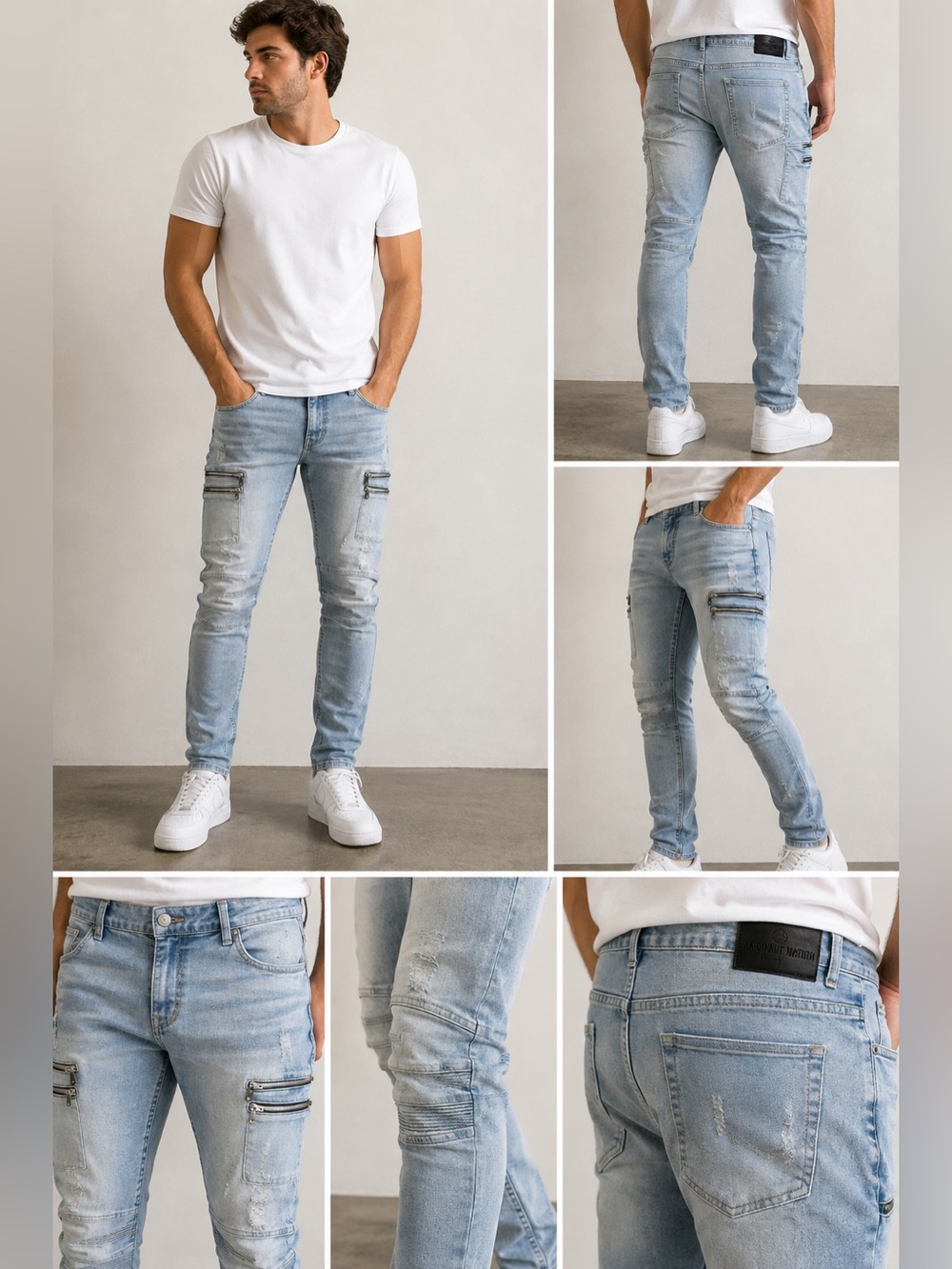 Argonaut Nation Men’s 34x34 Light Wash Distressed Moto Skinny Jeans Zip Pockets